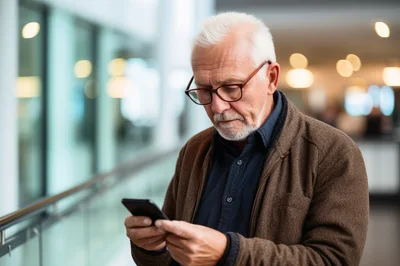 Senior Man Using Smartphone In Modern Office Building