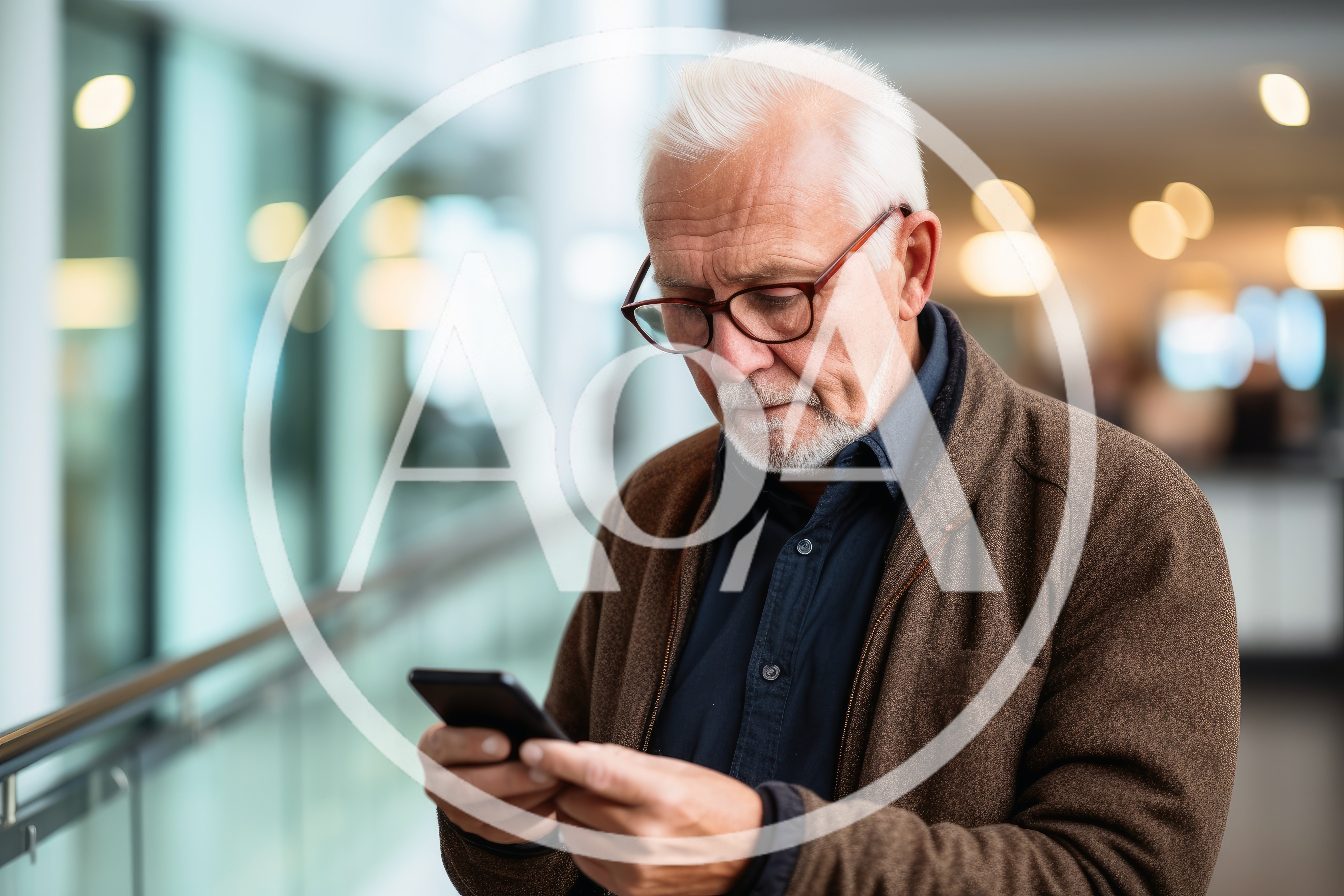 Senior Man Using Smartphone In Modern Office Building