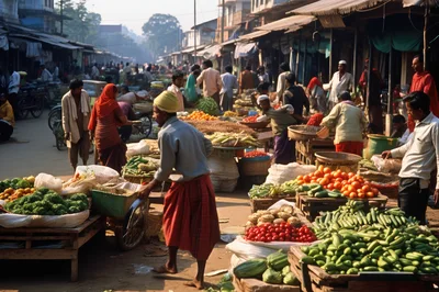 Busy Outdoor Vegetable Market In Rural India