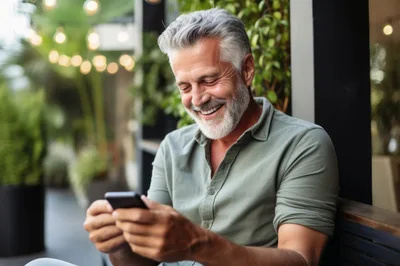 Mature Man Smiling While Using Smartphone Outdoors