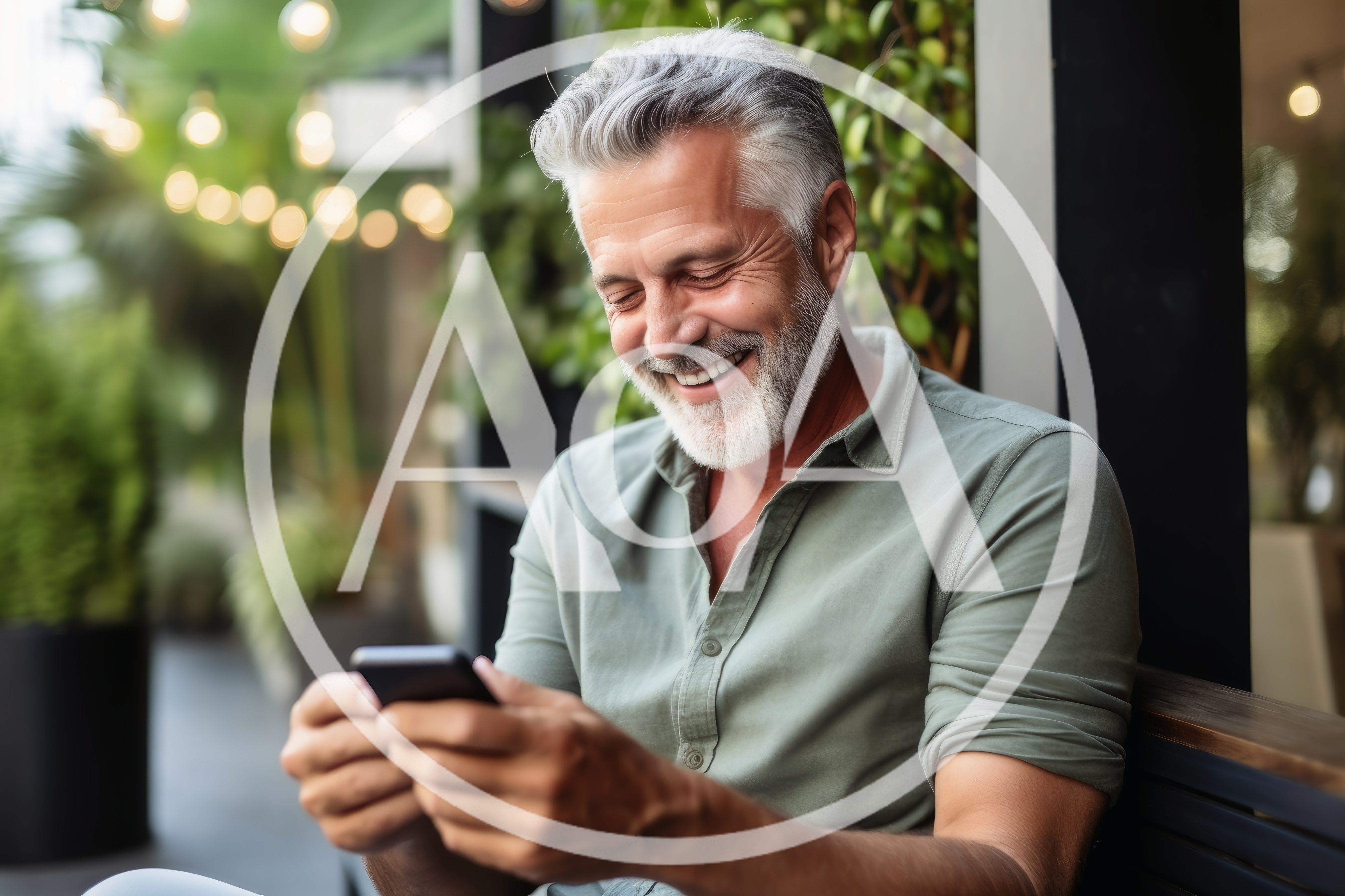 Mature Man Smiling While Using Smartphone Outdoors