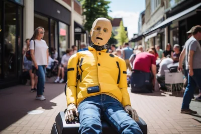 Crash Test Dummy Sitting In A Busy City Street