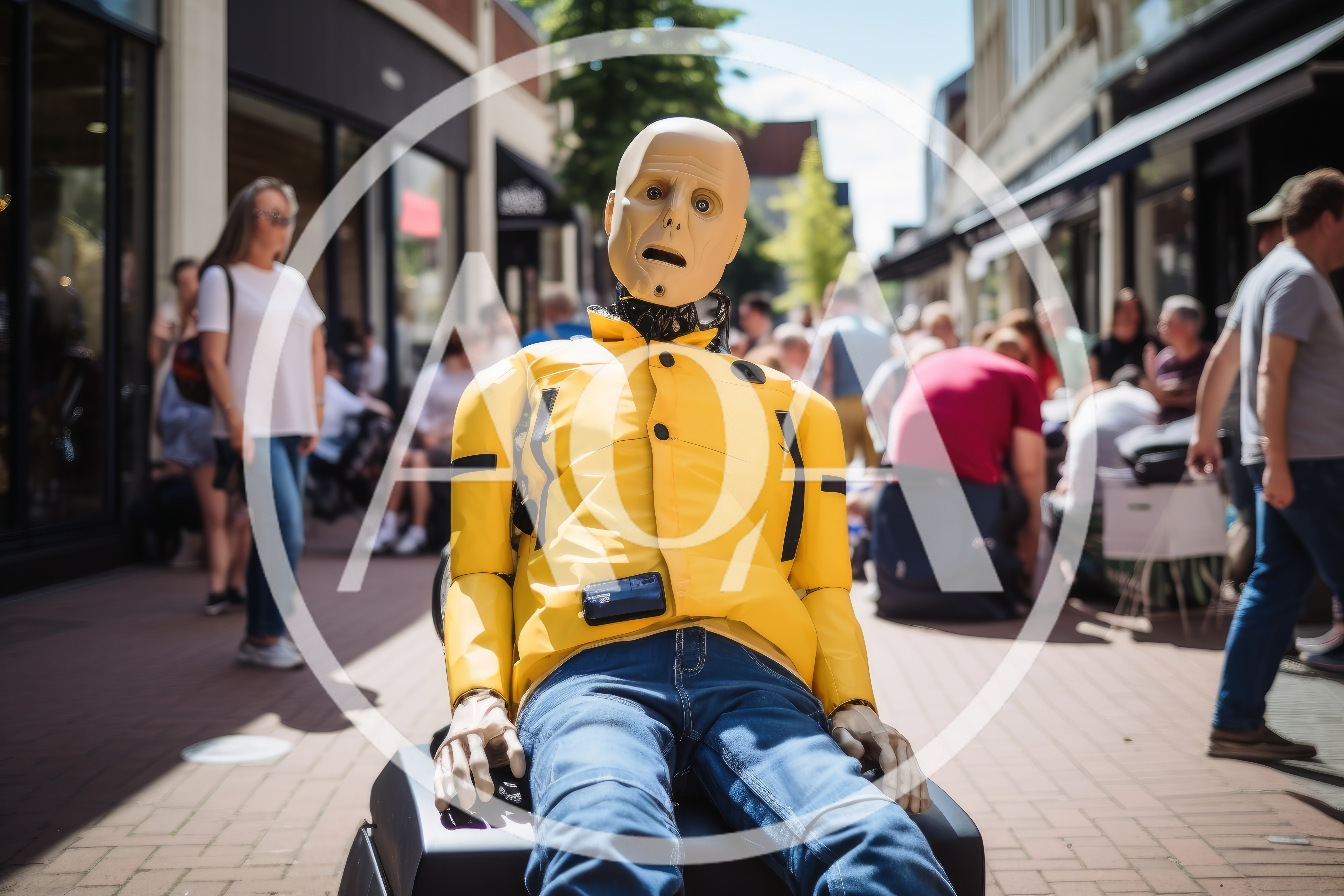 Crash Test Dummy Sitting In A Busy City Street