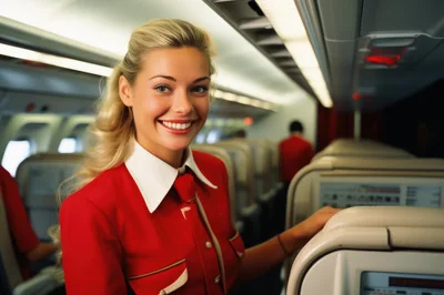 Smiling Flight Attendant Standing In Airplane Cabin