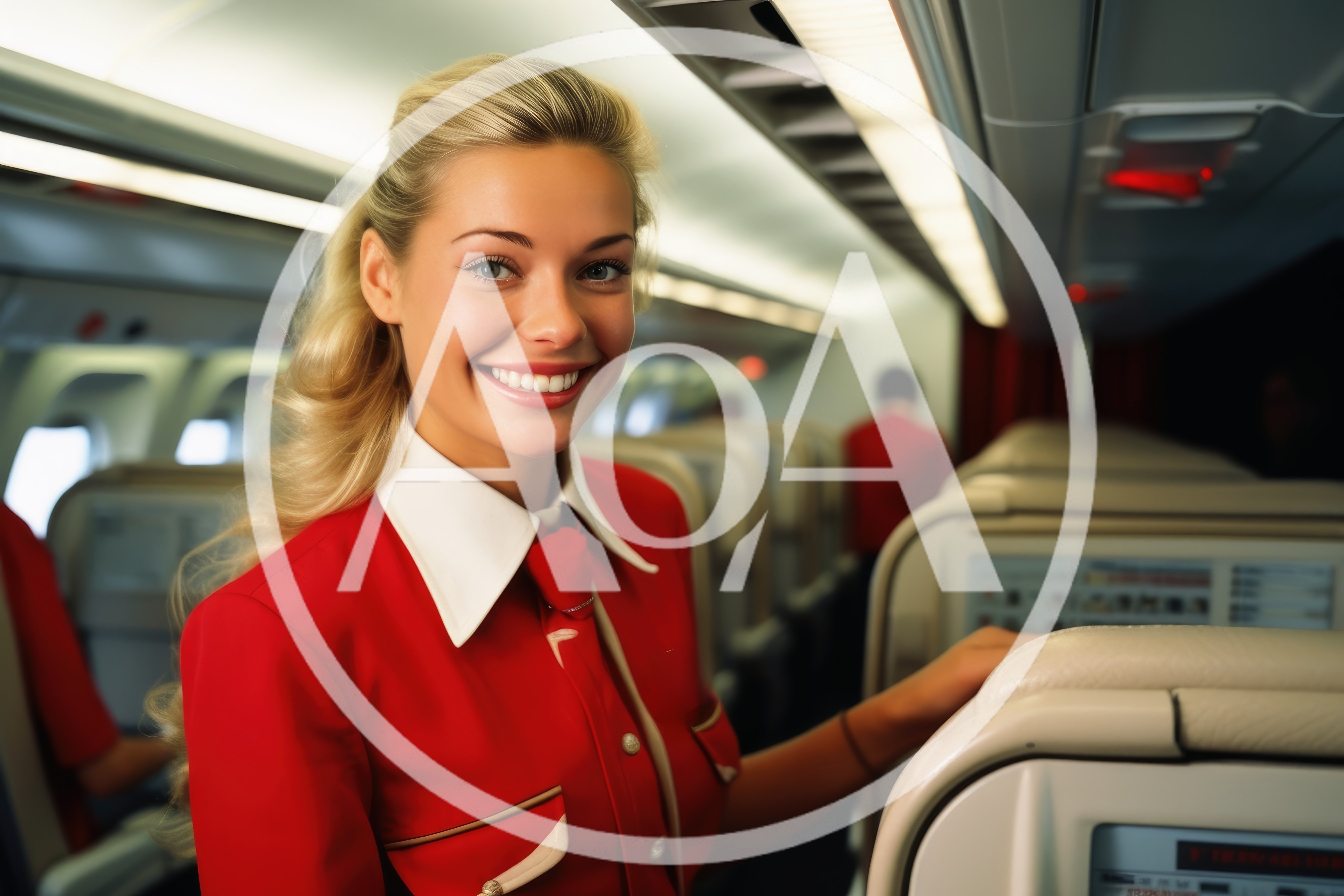 Smiling Flight Attendant Standing In Airplane Cabin