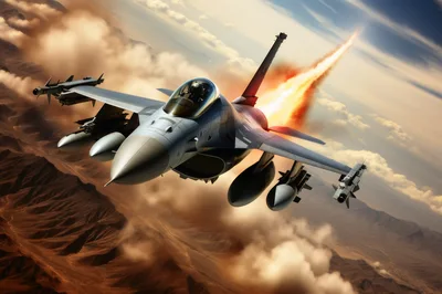 F-16 Fighting Falcon Jet Flying Over Desert Landscape