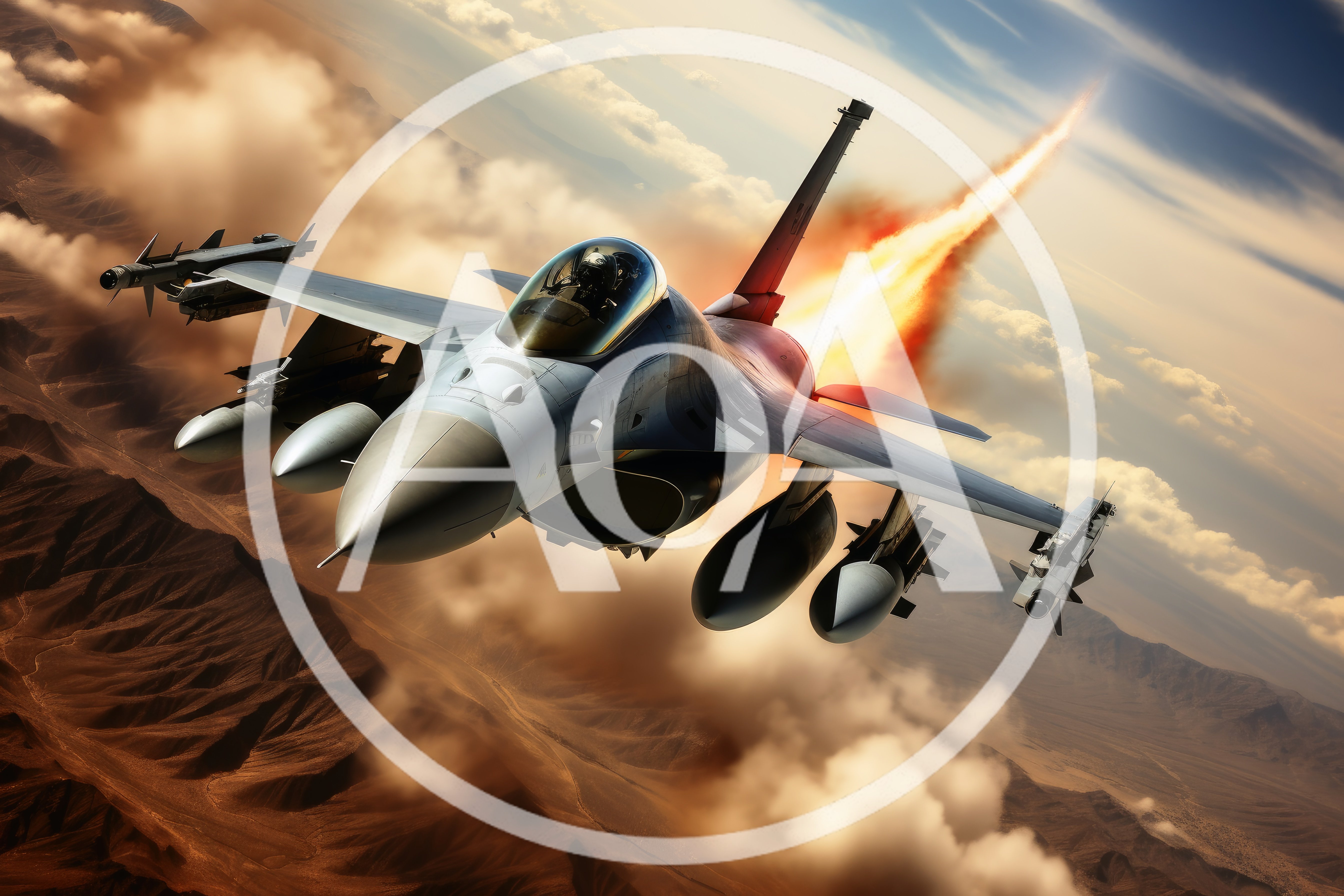 F-16 Fighting Falcon Jet Flying Over Desert Landscape