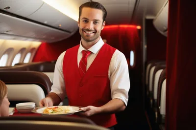 Flight Attendant Serving Meal In Business Class Cabin