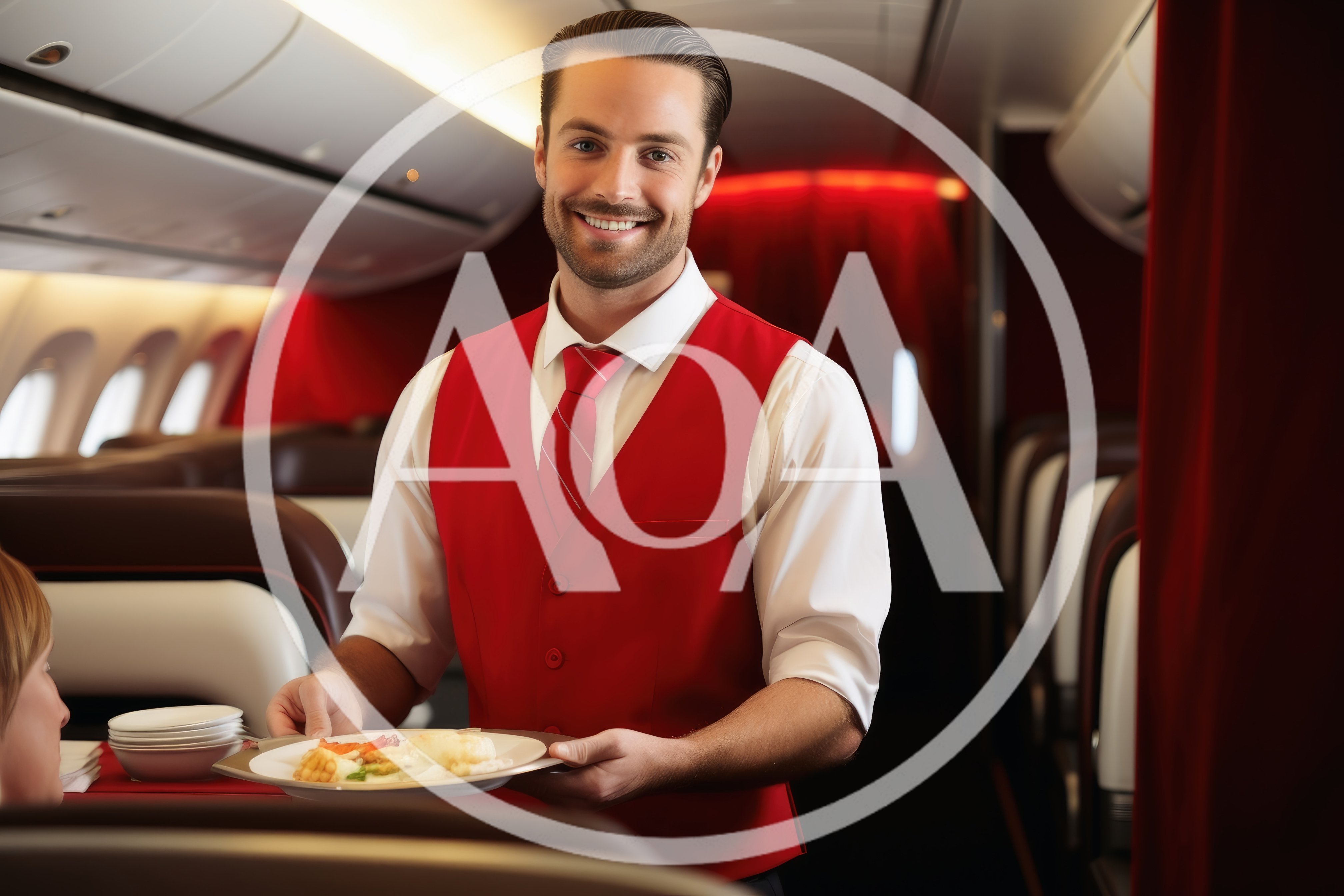 Flight Attendant Serving Meal In Business Class Cabin