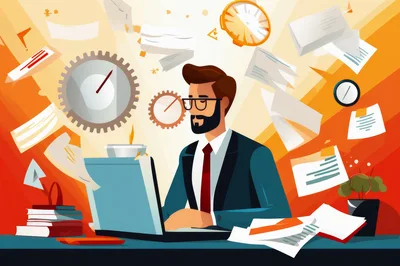 Stressed Businessman Working Under Pressure With Flying Documents