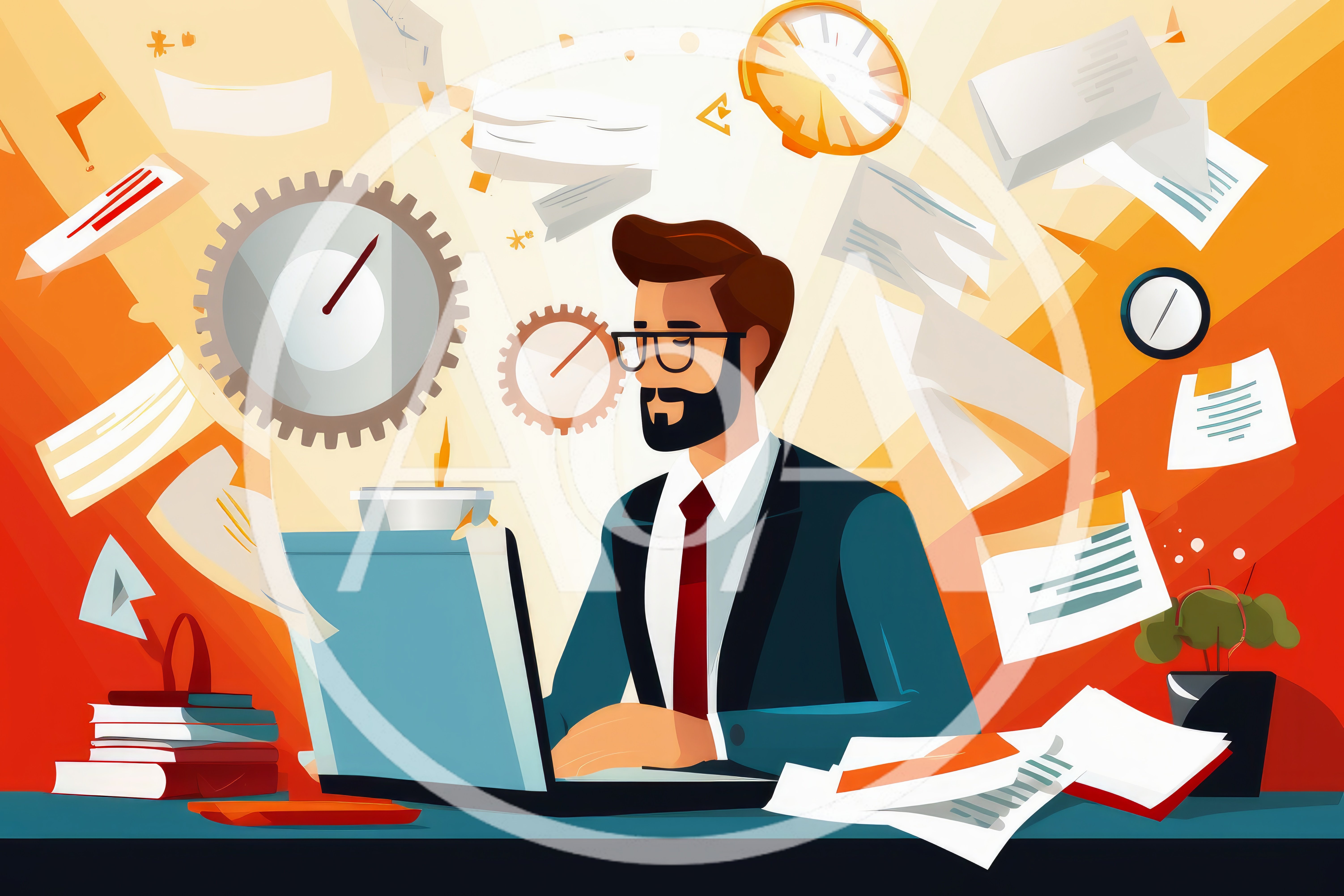 Stressed Businessman Working Under Pressure With Flying Documents