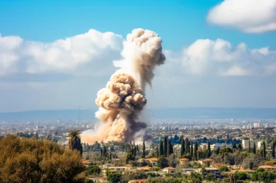 Large Explosion Cloud Rising Over A City Landscape