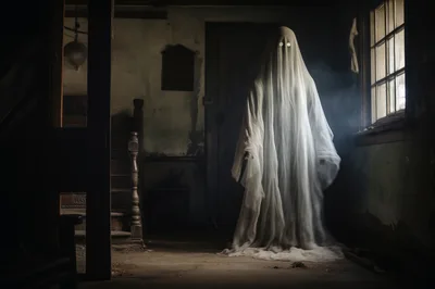 Ghostly Figure Standing in a Dark Abandoned House
