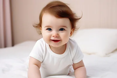 Happy Baby Smiling While Lying On A Bed