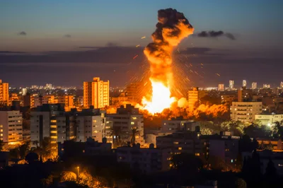 Massive Explosion Over Urban Residential Cityscape At Night