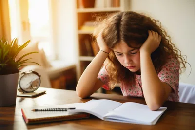 A frustrated girl doing homework.