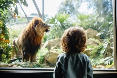 Young Child Watching A Lion Through Zoo Glass