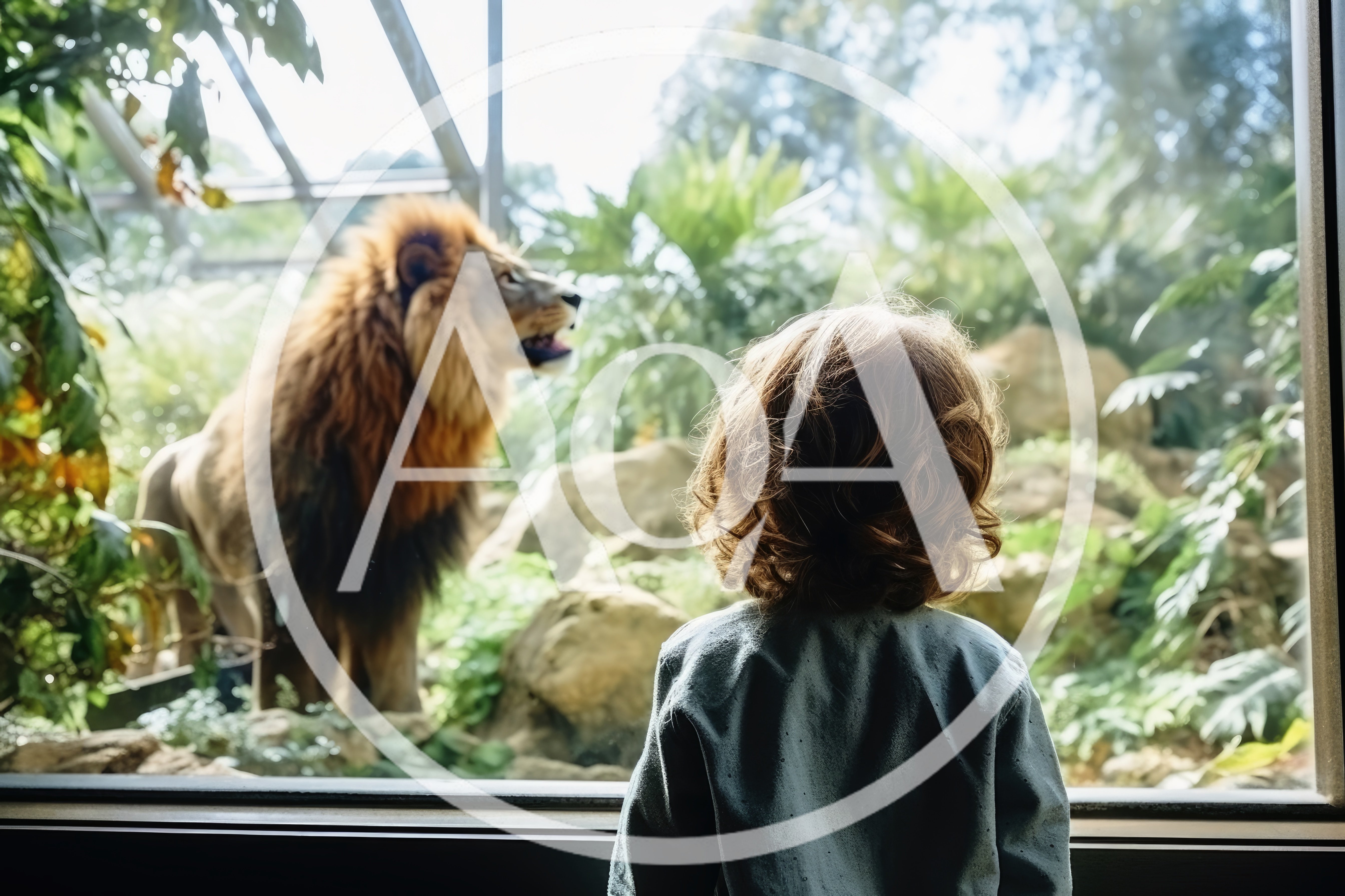 Young Child Watching A Lion Through Zoo Glass