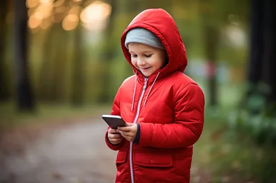 Young Boy Using Smartphone in Autumn Park