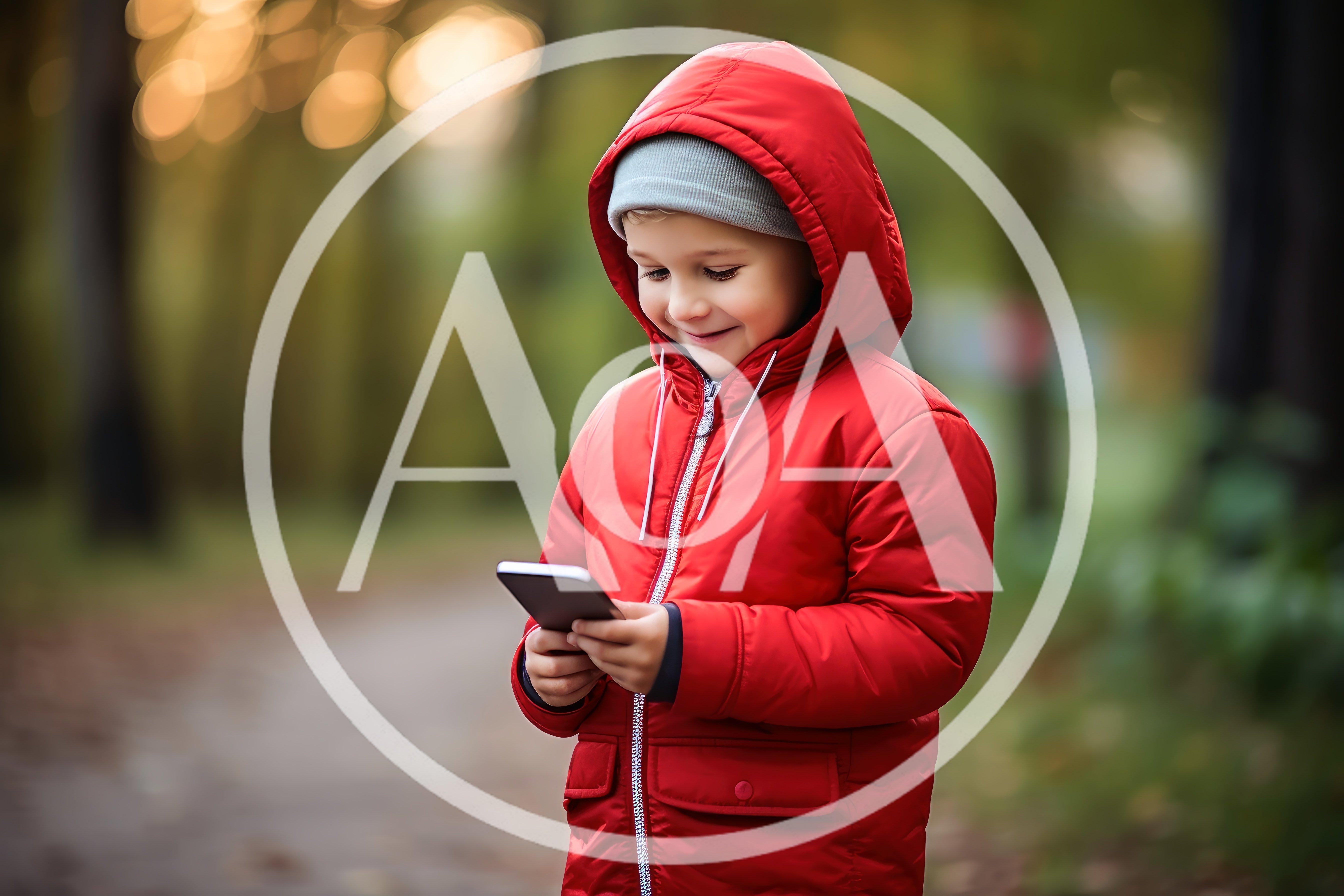 Young Boy Using Smartphone in Autumn Park