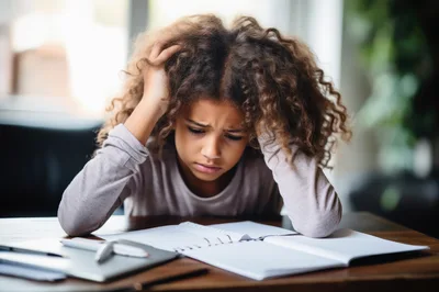 Stressed Young Girl Studying At A Desk