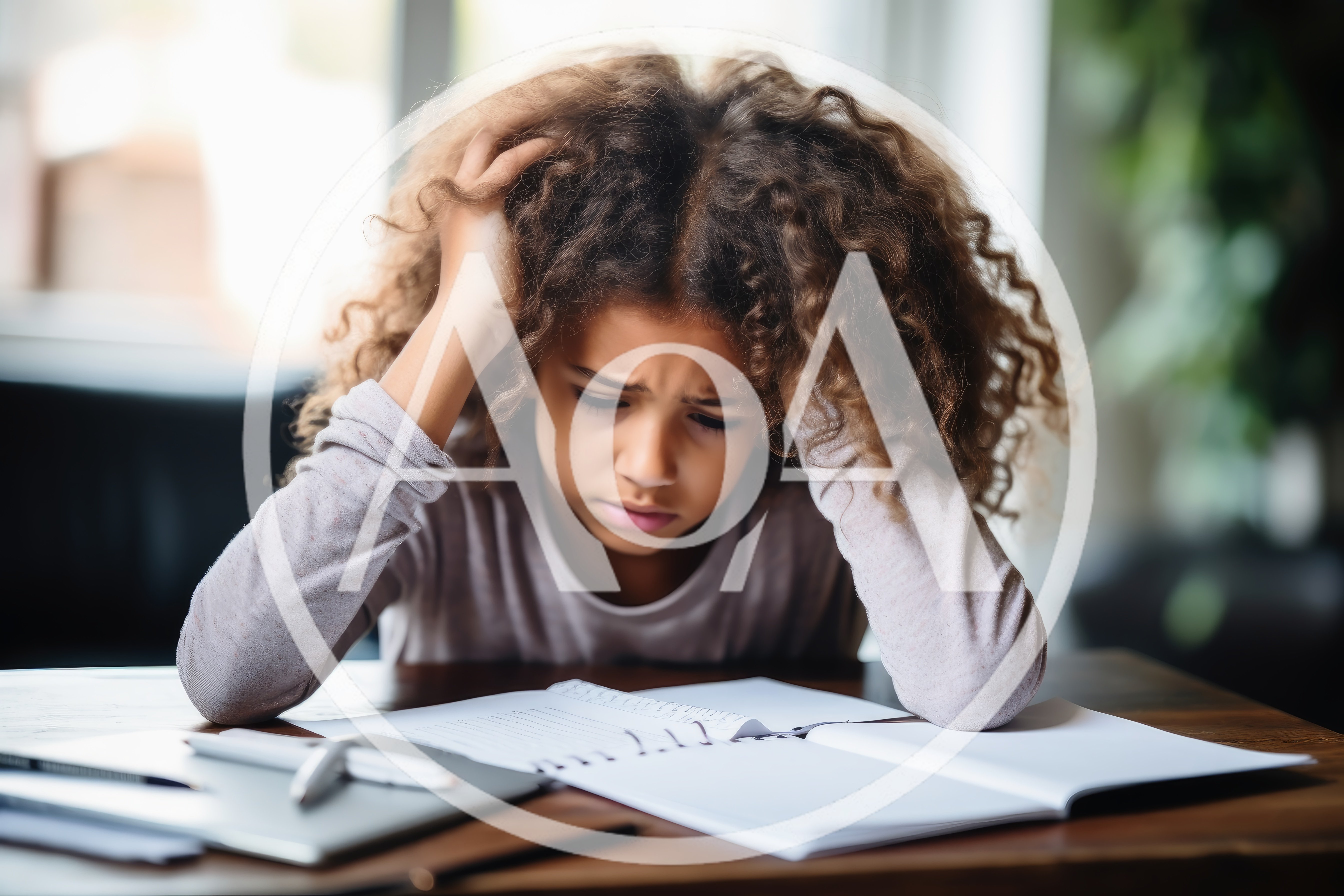 Stressed Young Girl Studying At A Desk