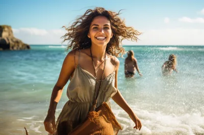 Happy Woman Running Through Ocean Surf