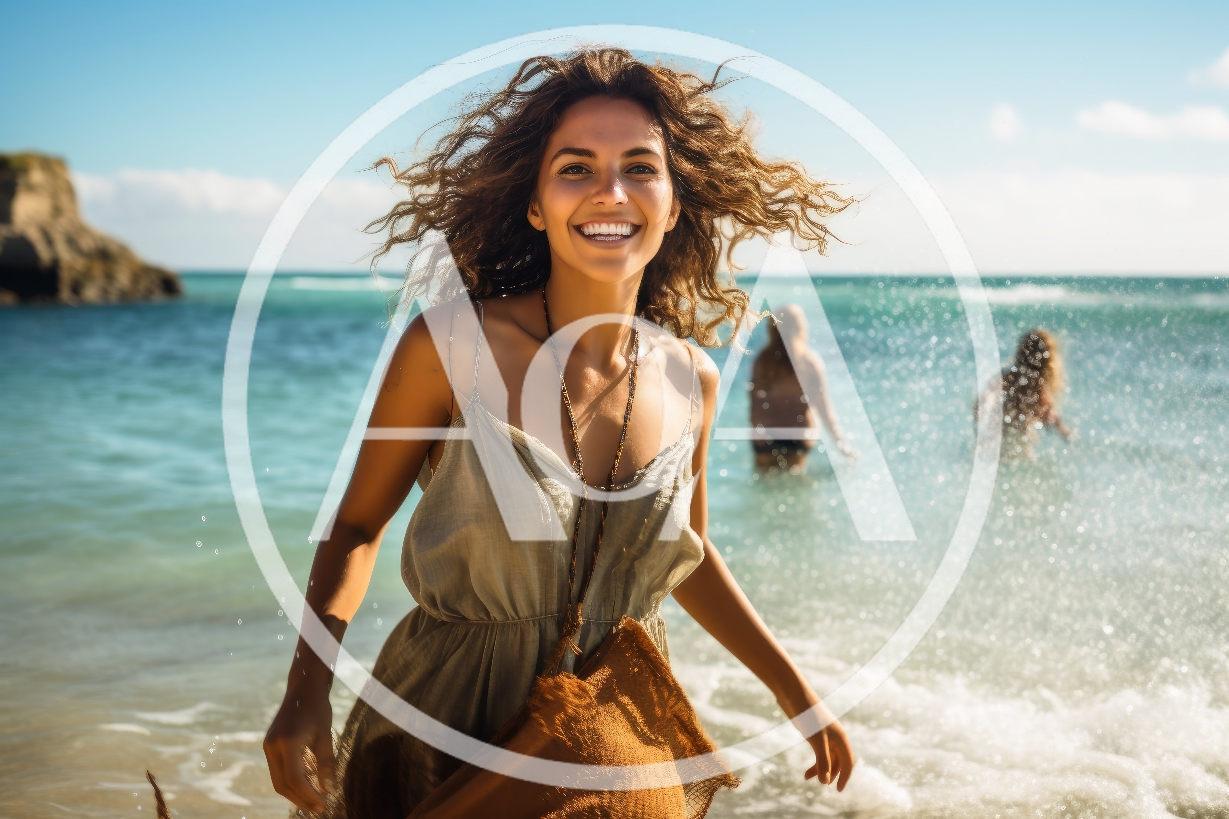 Happy Woman Running Through Ocean Surf