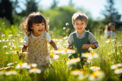 Happy Children Running Through A Sunny Daisy Field