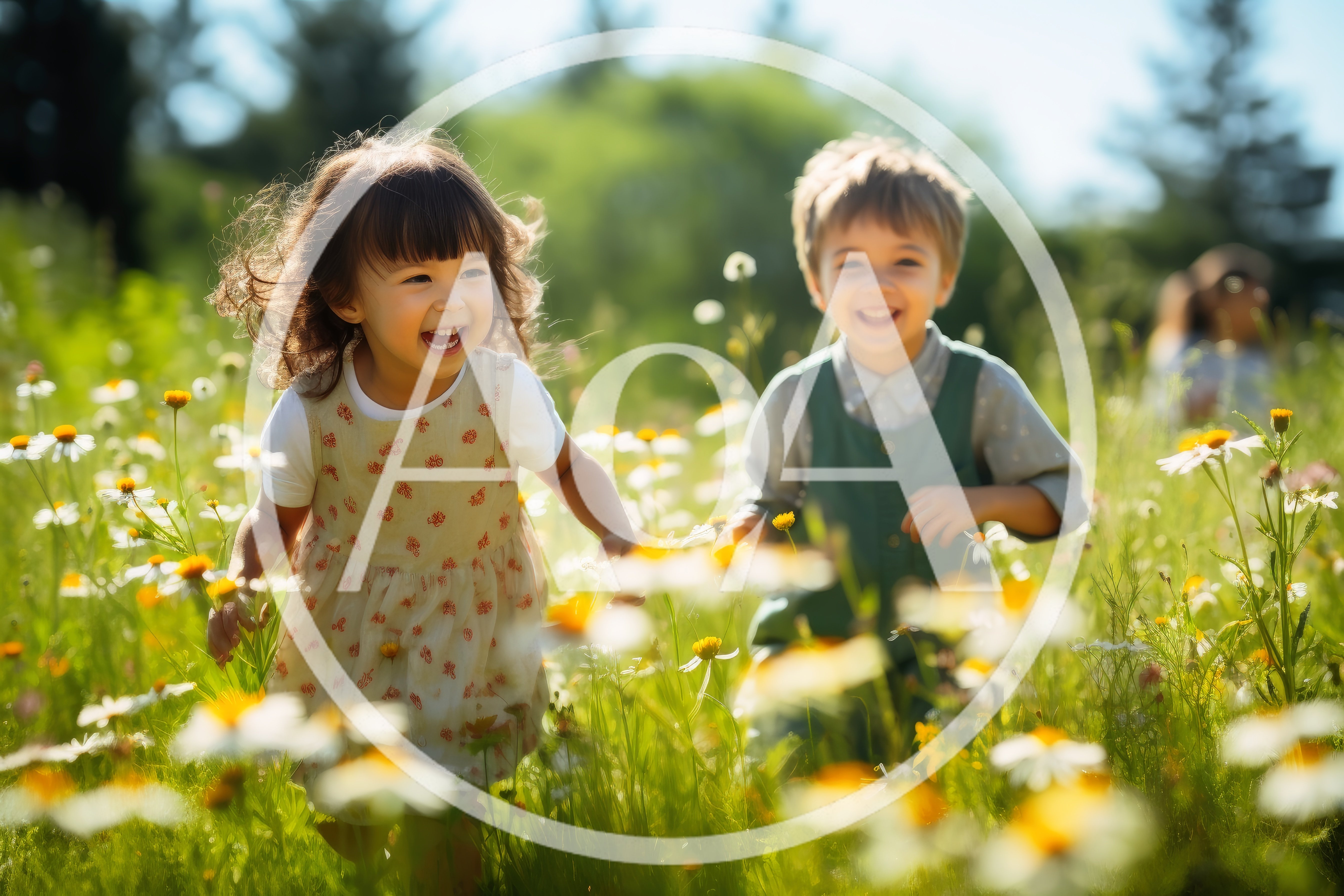 Happy Children Running Through A Sunny Daisy Field