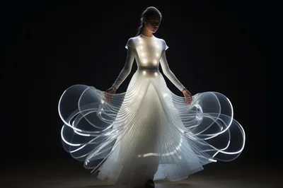Woman Wearing Futuristic Light Up Pleated Gown