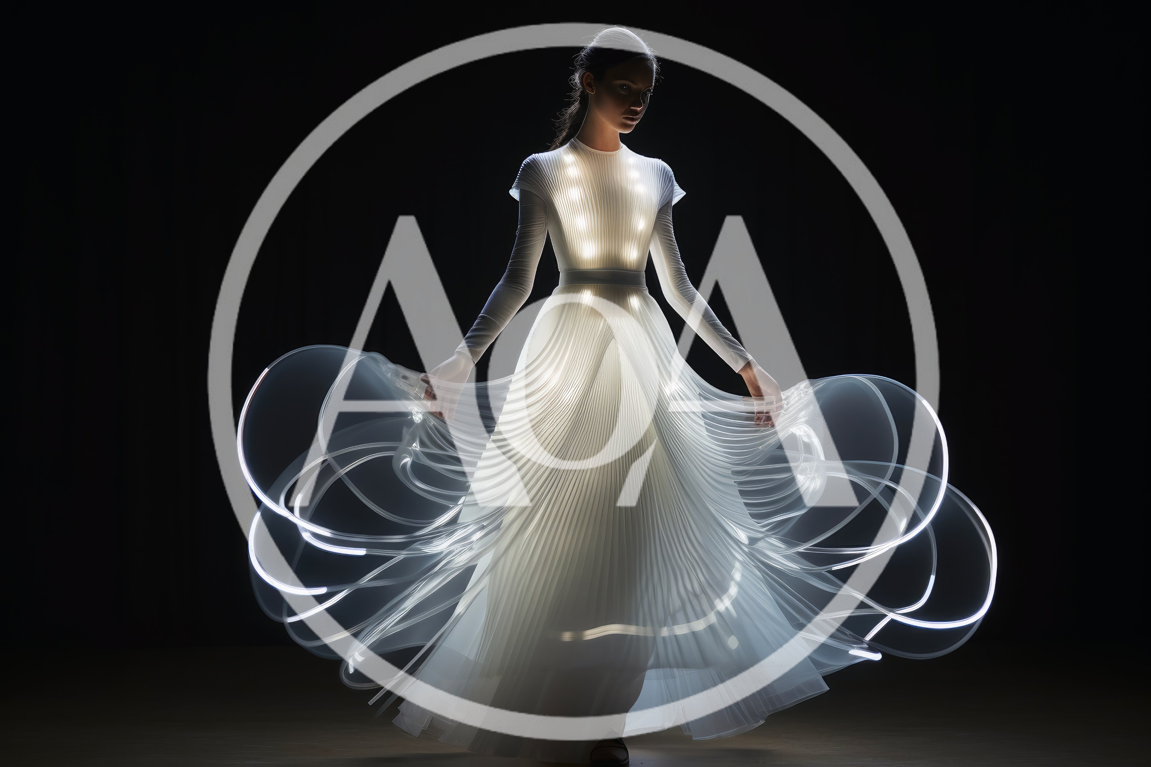 Woman Wearing Futuristic Light Up Pleated Gown