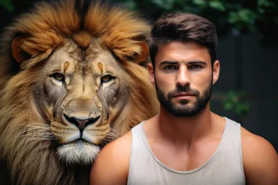 Portrait Of A Muscular Man With A Majestic Lion