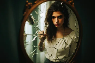 Young Woman Looking Through A Shattered Mirror