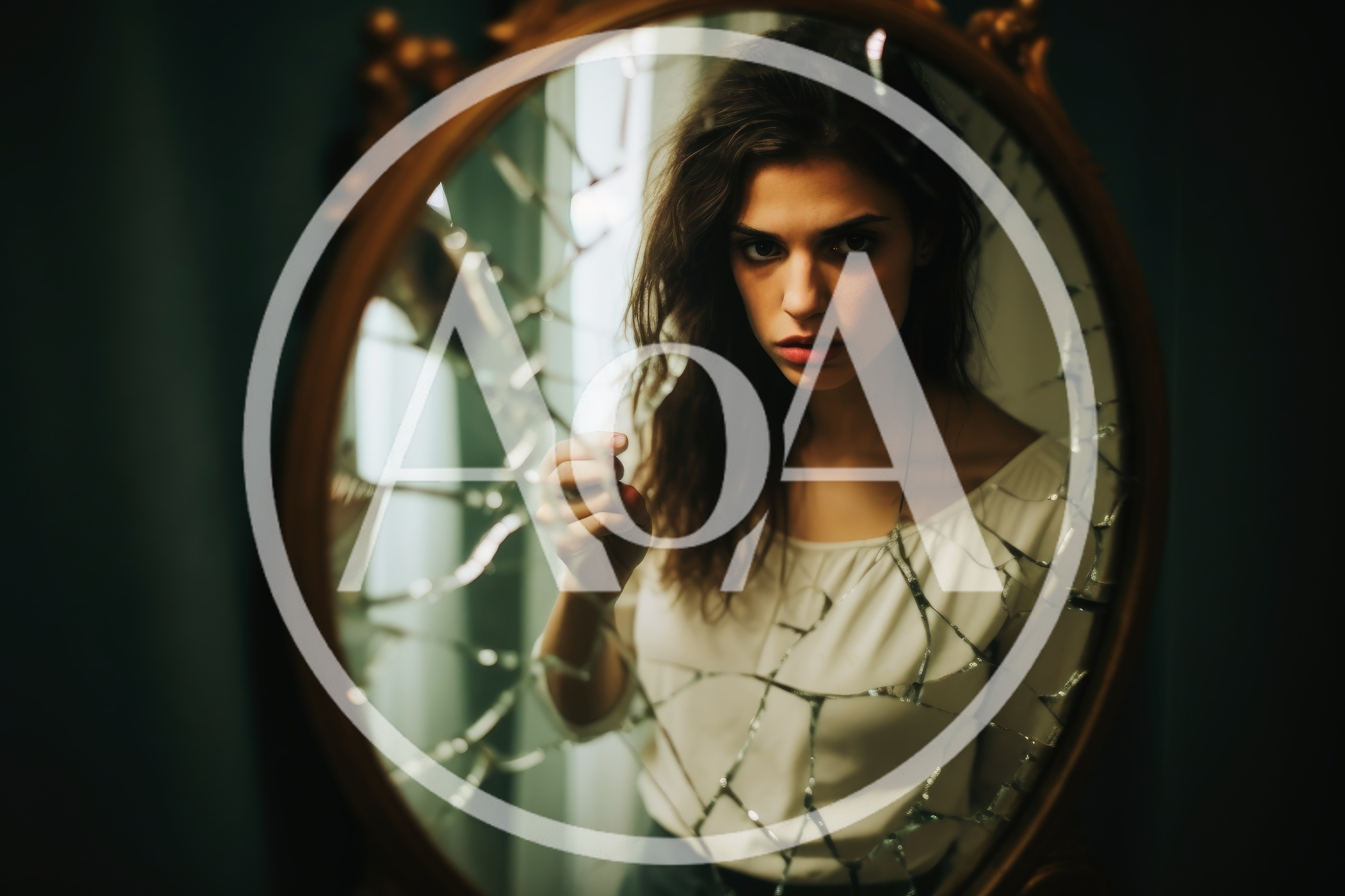 Young Woman Looking Through A Shattered Mirror