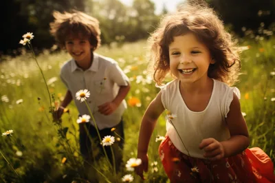 Happy Children Running Through A Sunny Wildflower Meadow