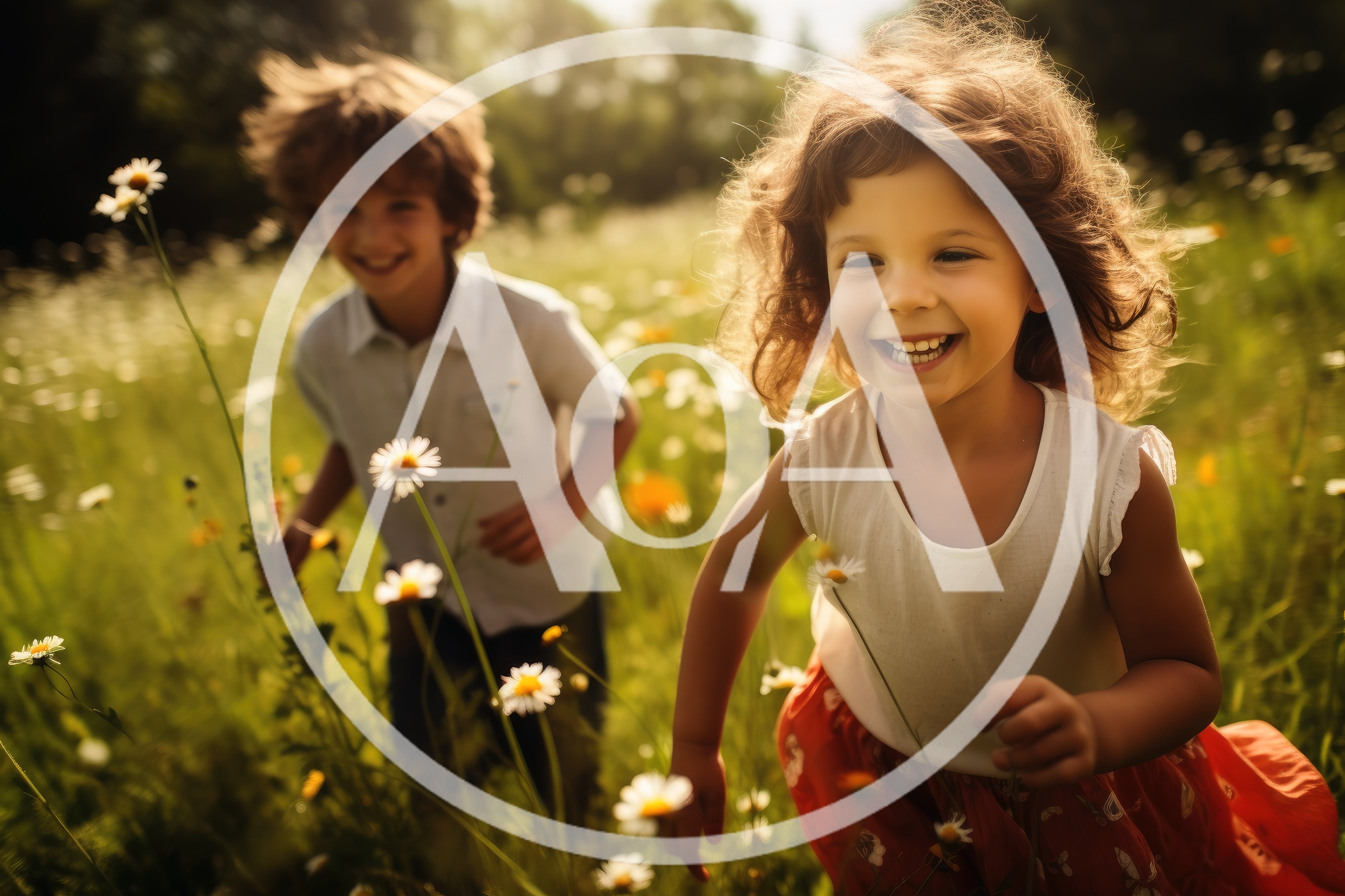 Happy Children Running Through A Sunny Wildflower Meadow