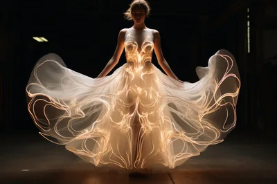 Woman Wearing Glowing Light Art Wedding Dress