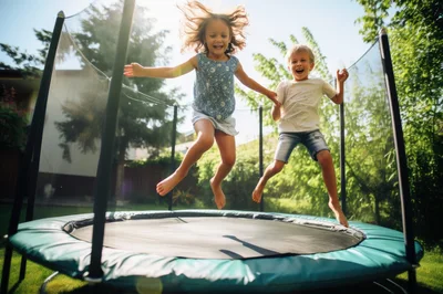 Happy Children Jumping Together On A Backyard Trampoline