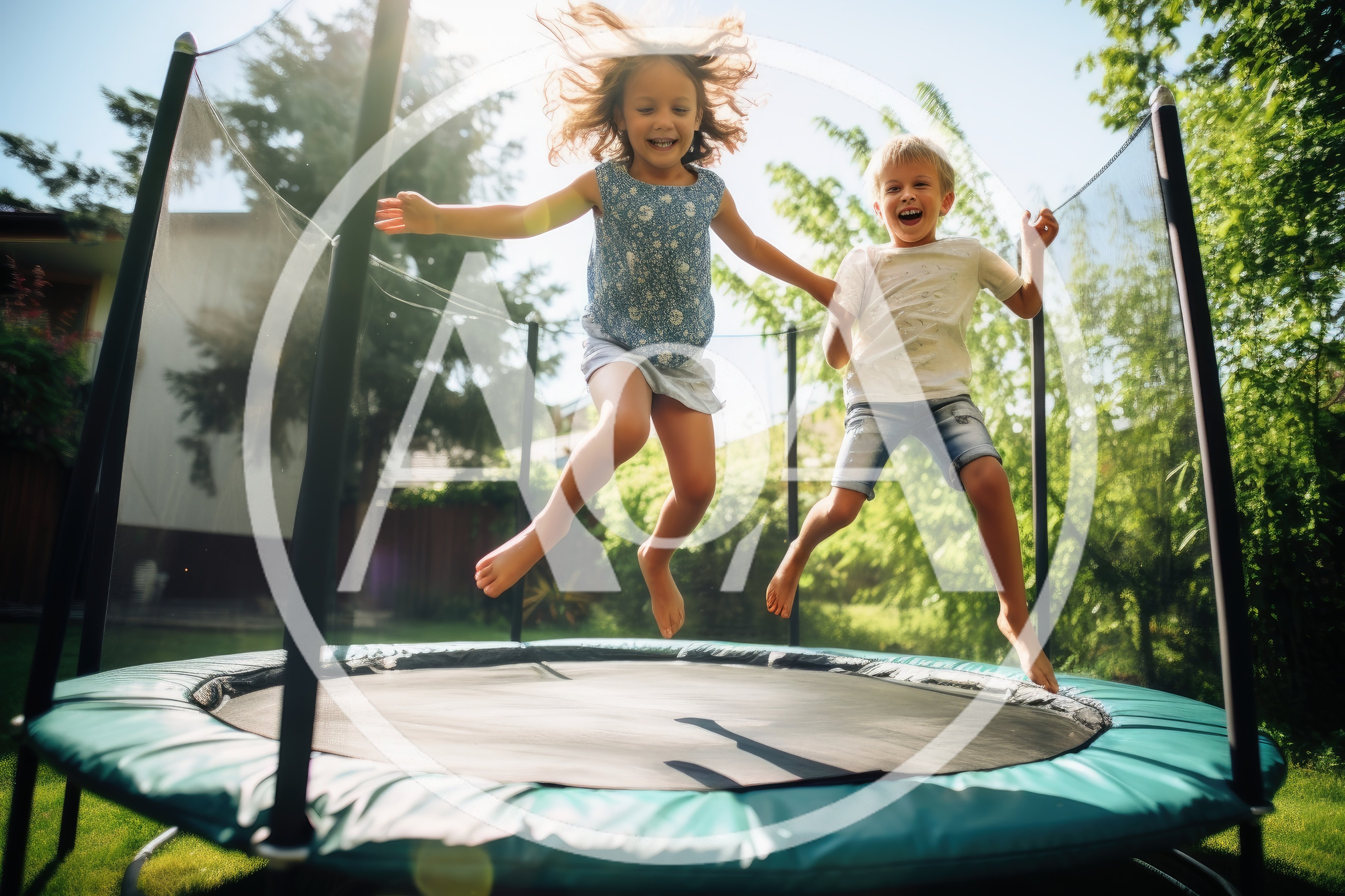 Happy Children Jumping Together On A Backyard Trampoline