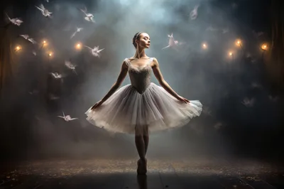 Ballerina Performing Swan Lake With Floating White Feathers
