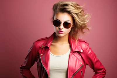 Stylish Young Woman Wearing Red Leather Jacket and Sunglasses