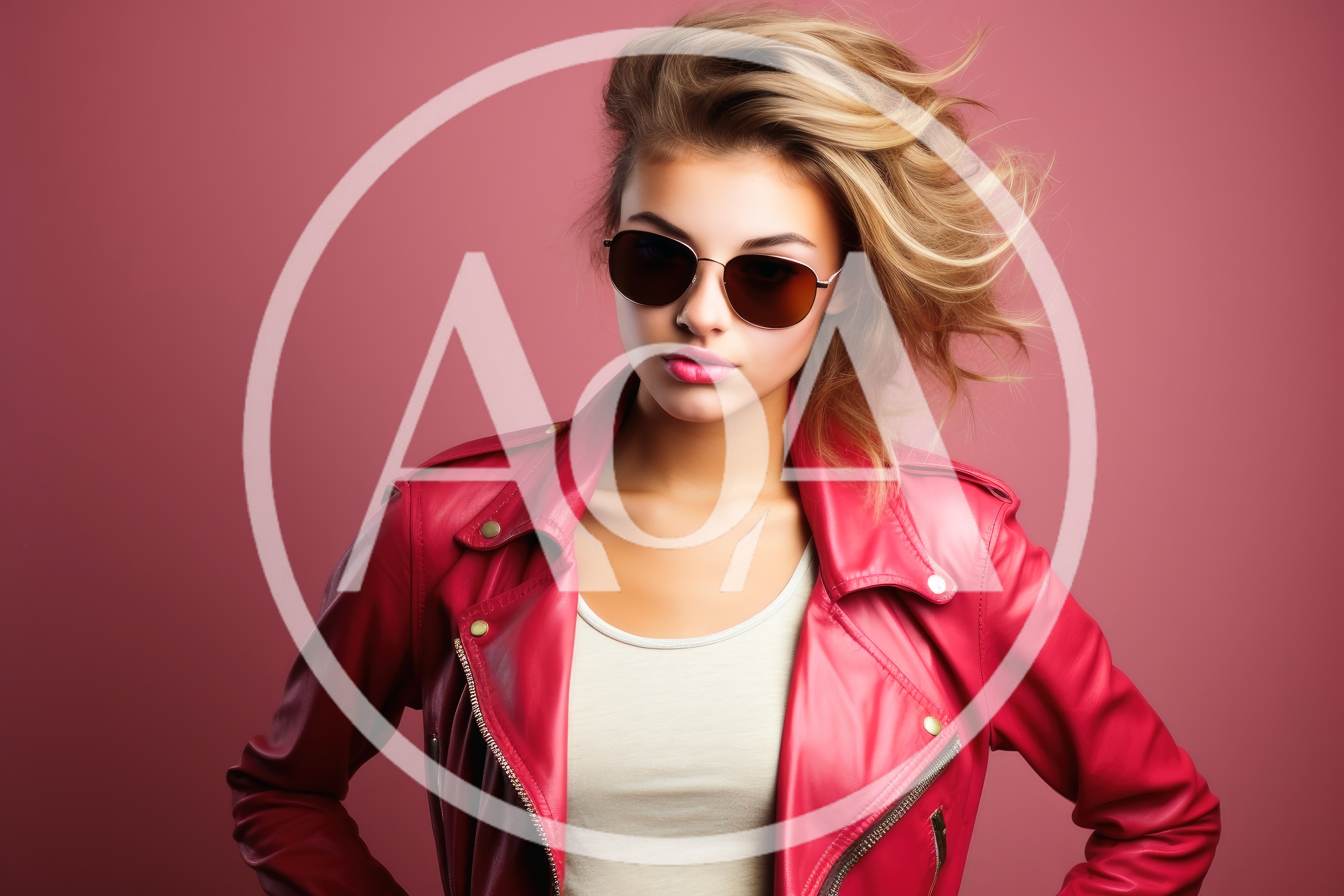 Stylish Young Woman Wearing Red Leather Jacket and Sunglasses