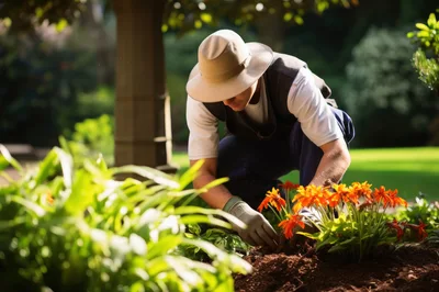 Professional Gardener Planting Flowers In A Sunny Garden