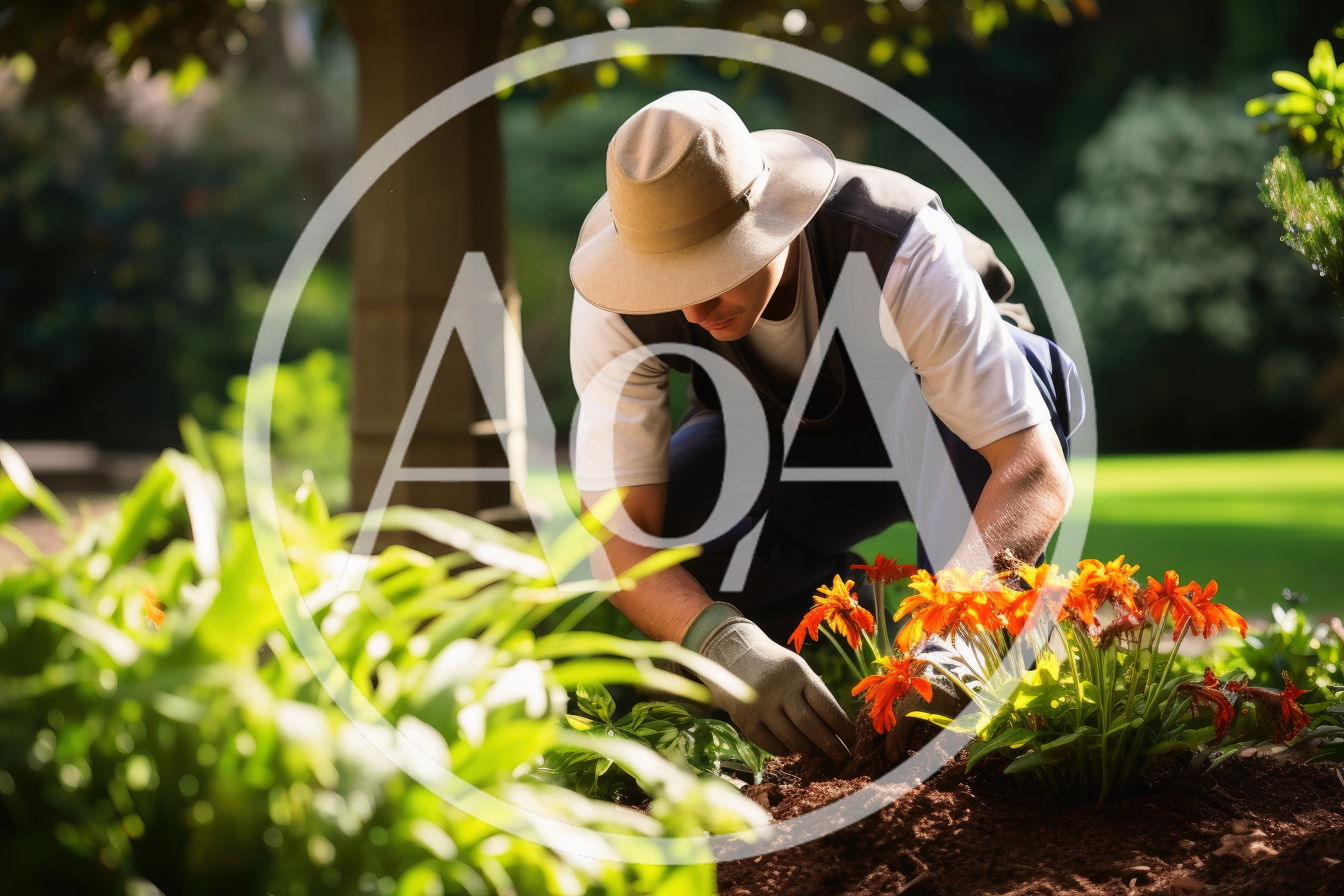 Professional Gardener Planting Flowers In A Sunny Garden