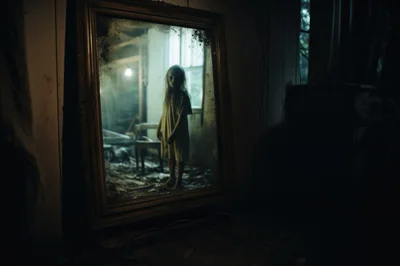 Ghostly Child Standing Inside An Antique Mirror