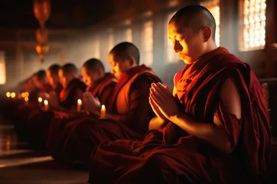 Buddhist Monks Praying in a Dimly Lit Temple