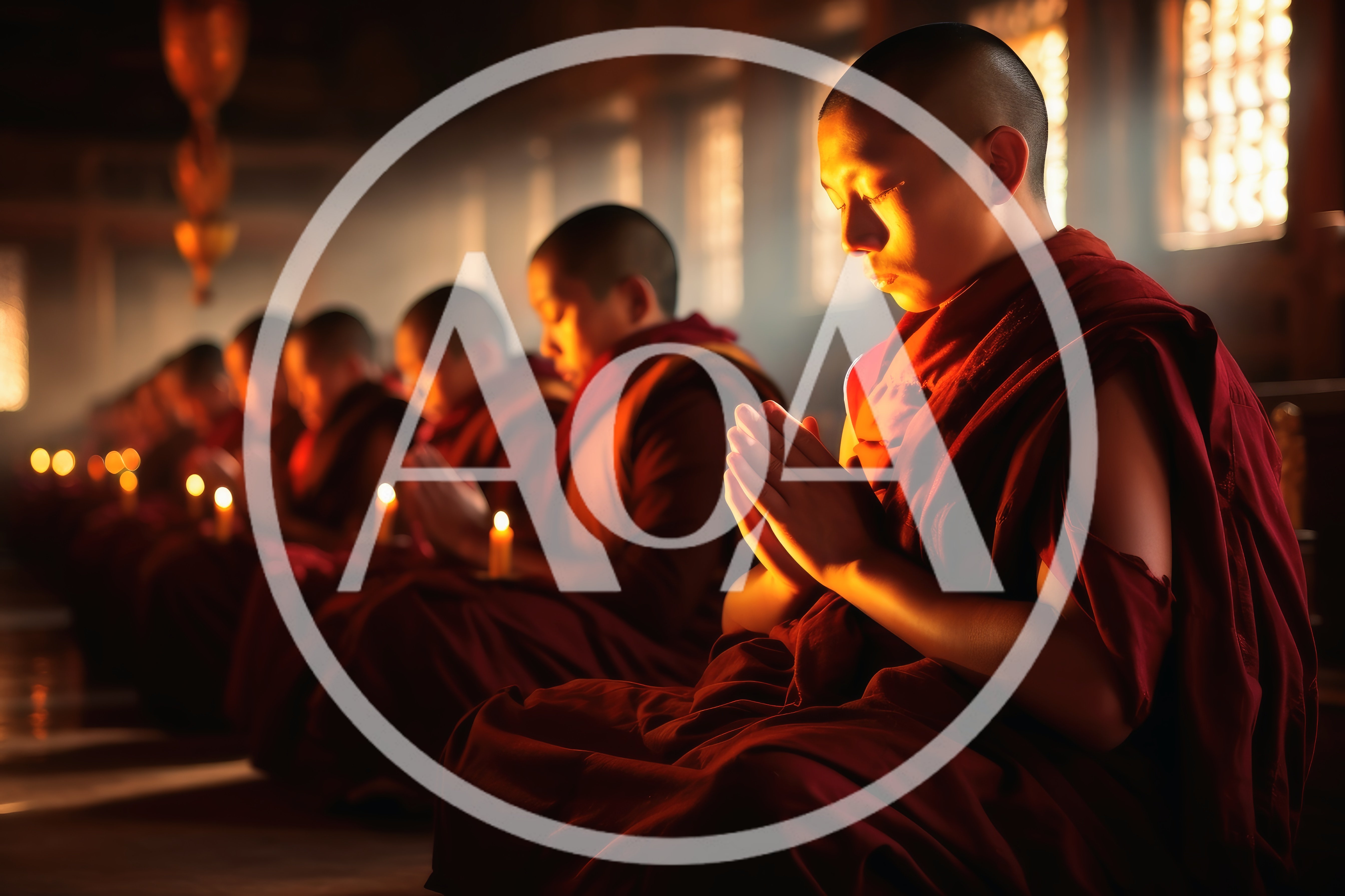 Buddhist Monks Praying in a Dimly Lit Temple