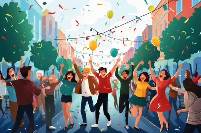 Group Of Happy Friends Celebrating In City Street
