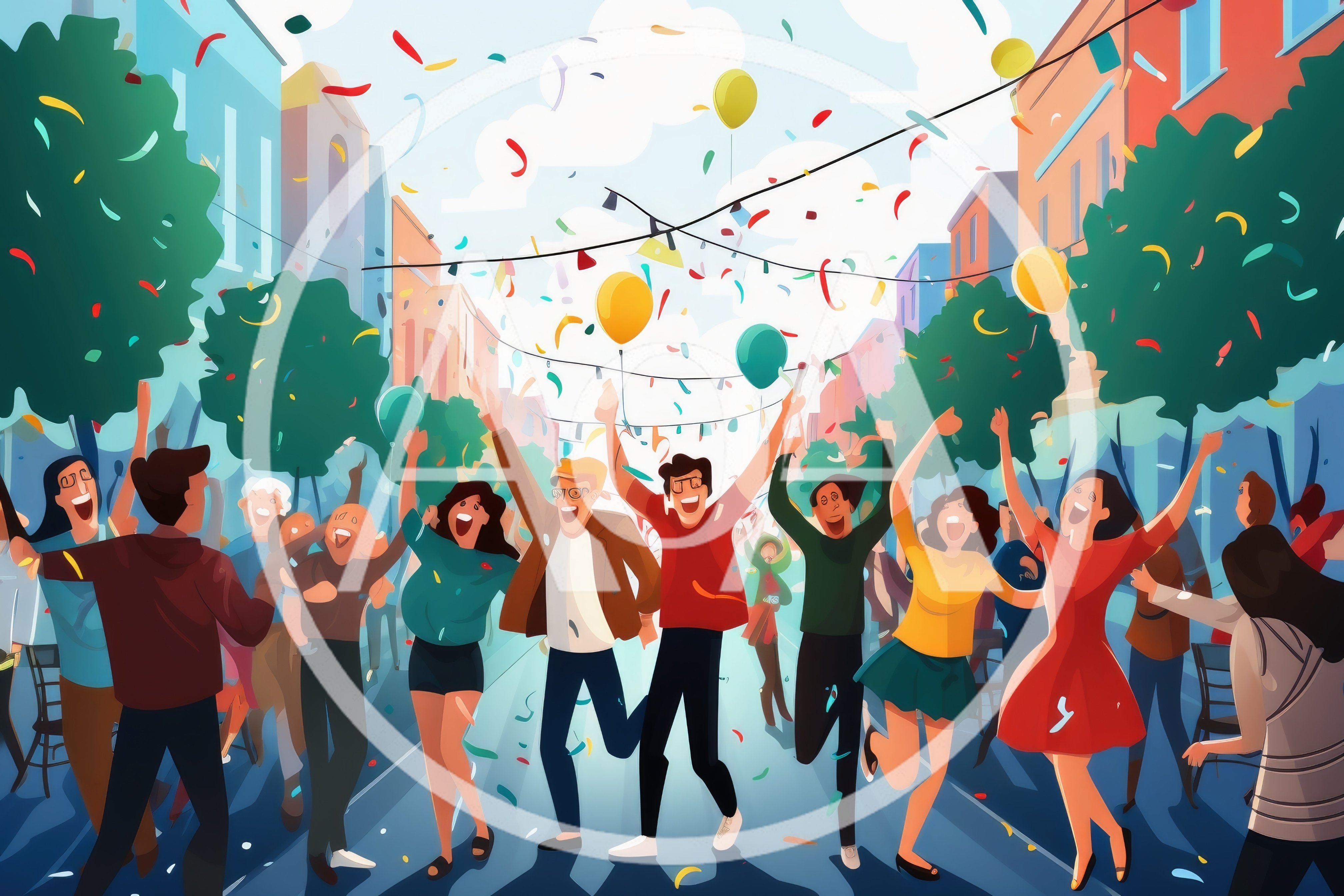 Group Of Happy Friends Celebrating In City Street